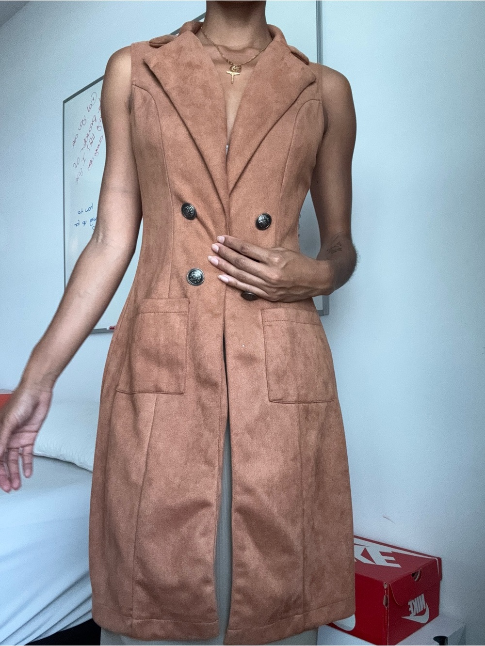 Sleeveless Double-Breasted Suede Vest Dress in Rust